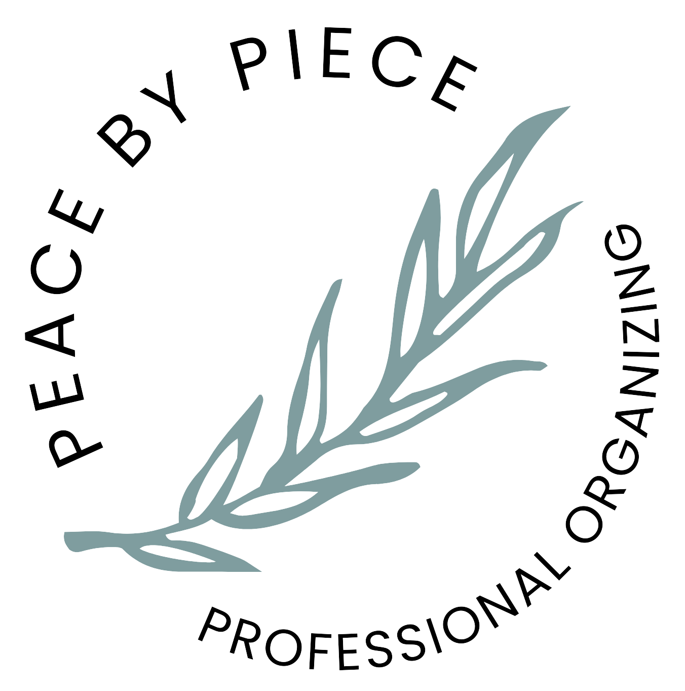 Peace by Piece Professional Organizing logo featuring a stylized olive branch in the center, with the words "PEACE BY PIECE" written above it and "PROFESSIONAL ORGANIZING" below it. The text is curved around the olive branch, creating a circular shape.